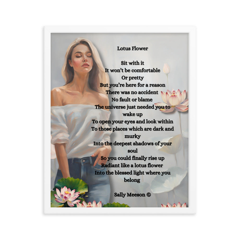 'Lotus Flower' framed photo paper poster with impressionist oil style artwork and original poem by writer Sally Meeson