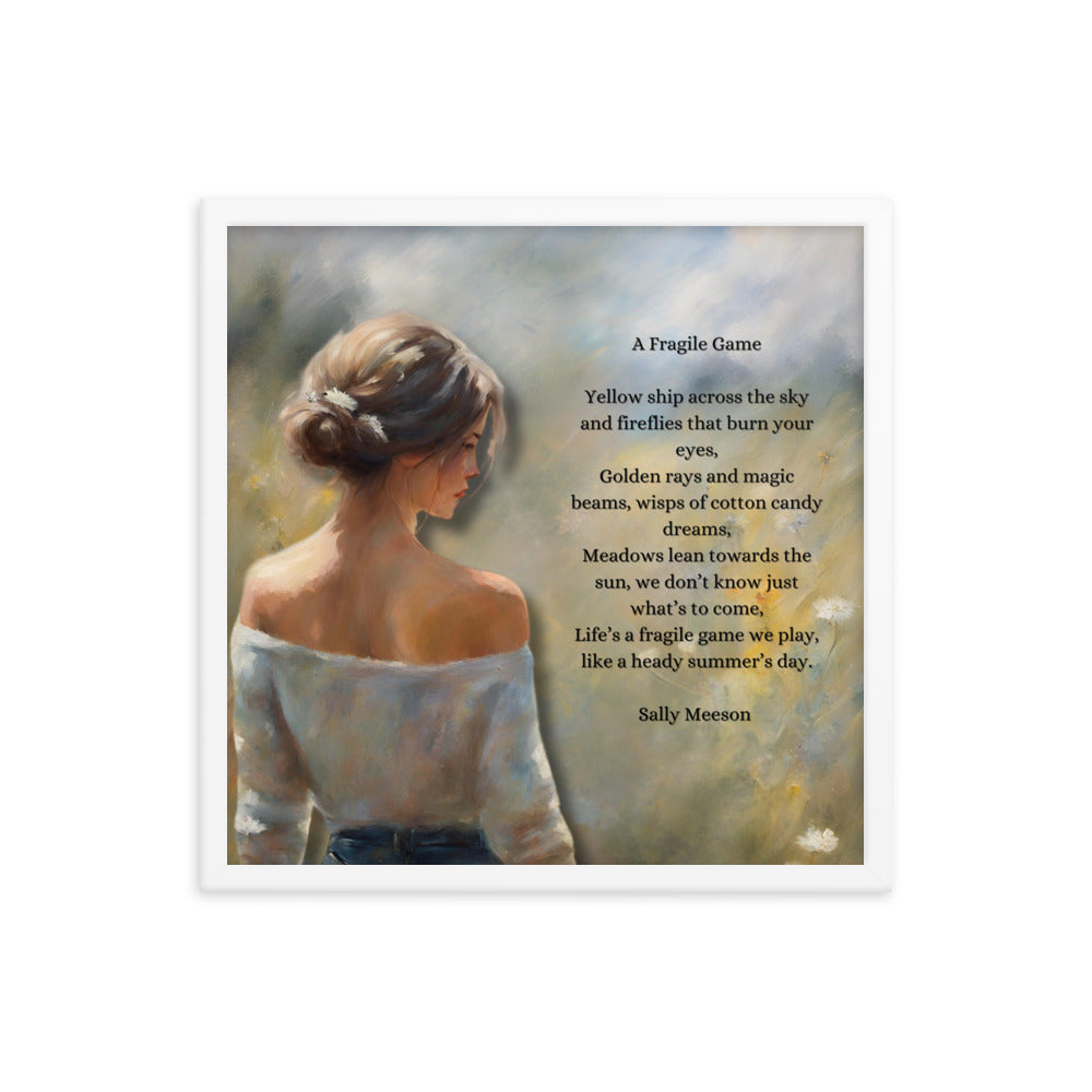 'A Fragile Game' framed photo paper poster with impressionist oil style artwork and original poem by writer Sally Meeson