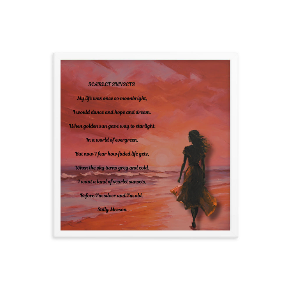 'Scarlet Sunsets' framed photo paper poster with impressionist oil style artwork and original poem by writer Sally Meeson