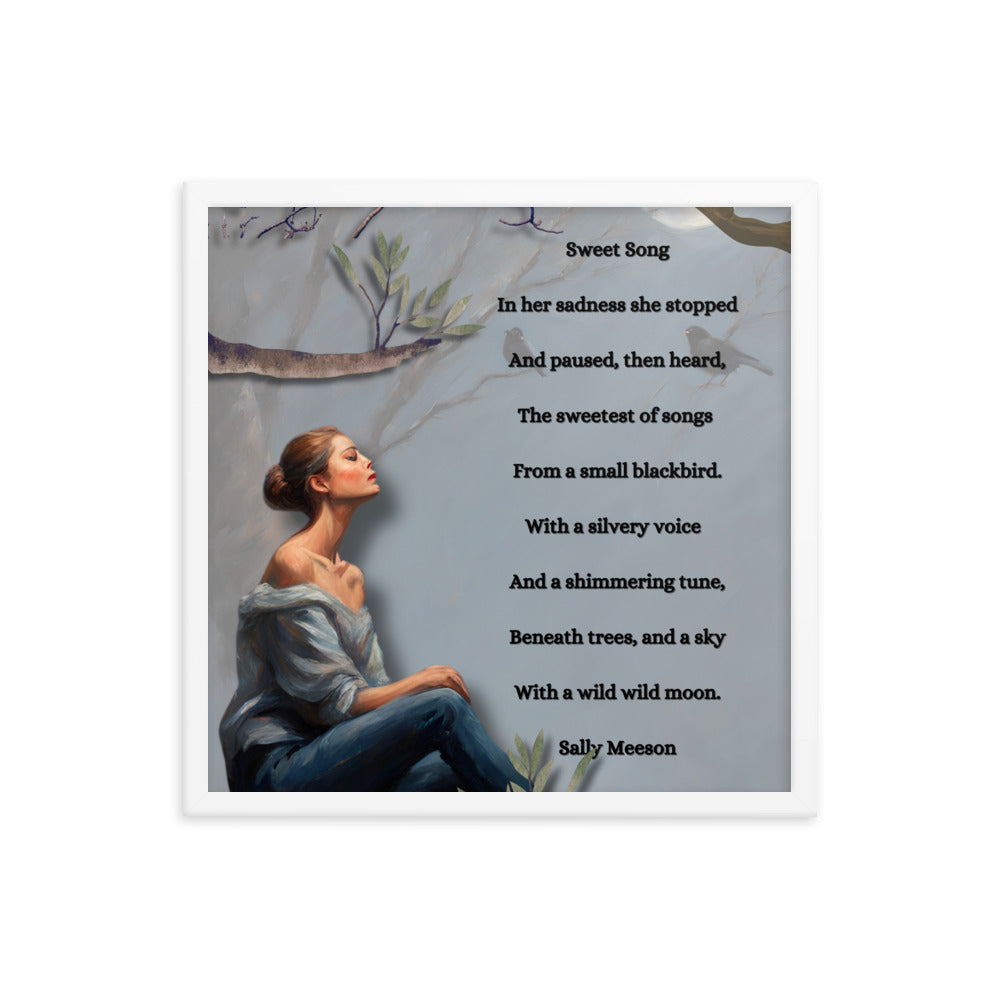 'Sweet Song' framed photo paper poster with impressionist style artwork and original poem by writer Sally Meeson
