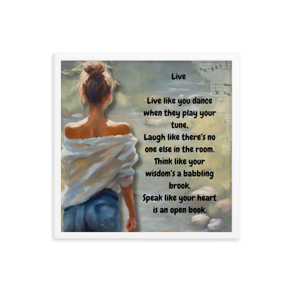 'Live' framed photo paper poster with impressionist oil style artwork and original poem by writer Sally Meeson