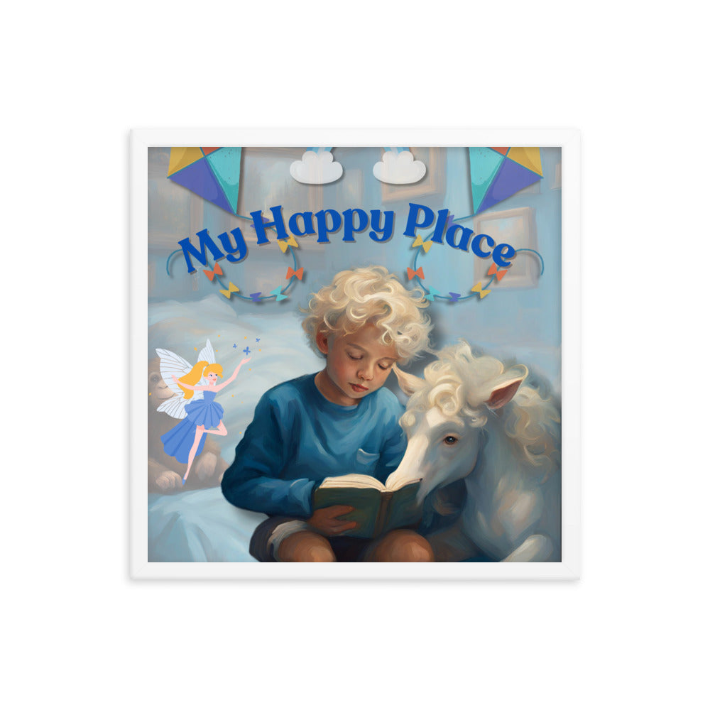 'My Happy Place' child's room blue framed photo paper poster with impressionist oil style artwork