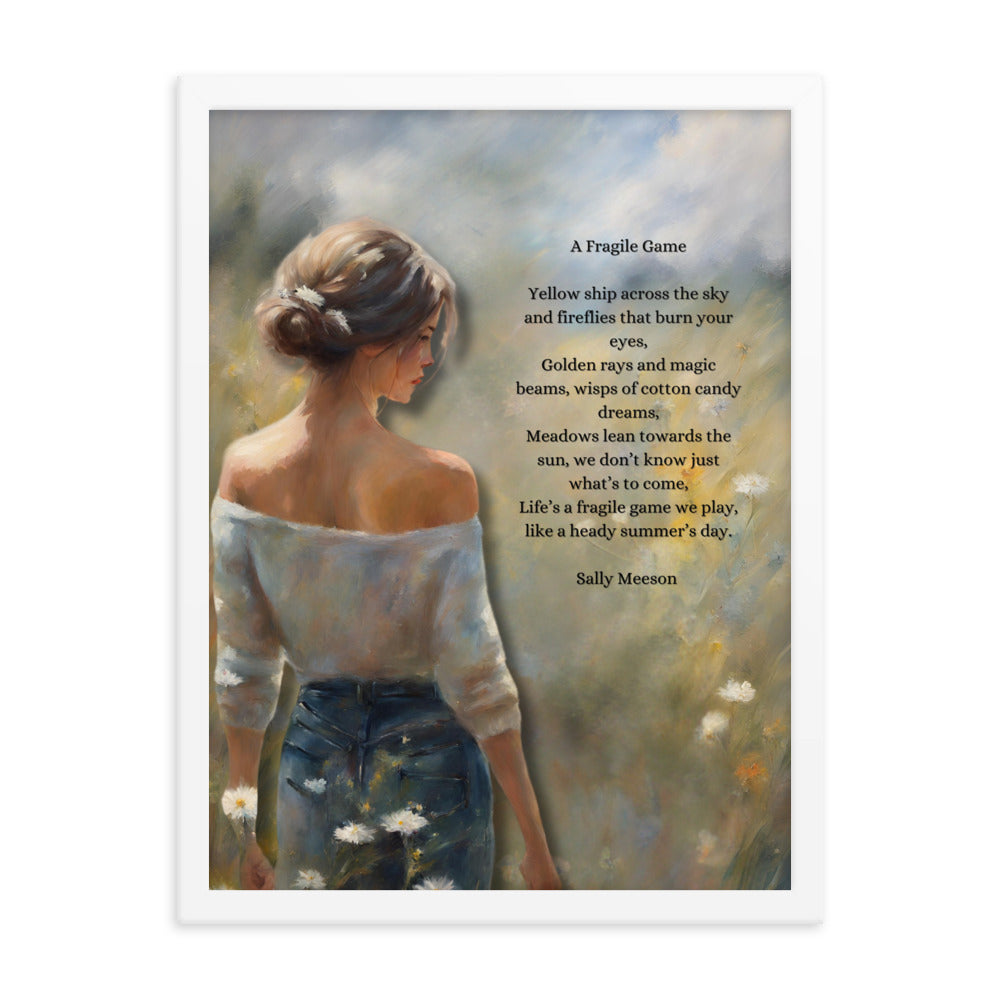 'A Fragile Game' framed photo paper poster with impressionist oil style artwork and original poem by writer Sally Meeson