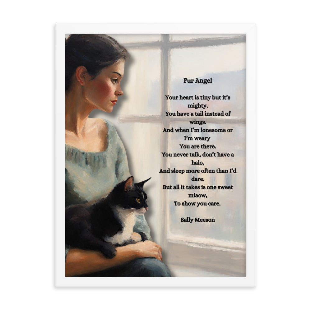 'Fur Angel' framed photo paper poster with impressionist oil style artwork and original poem by writer Sally Meeson