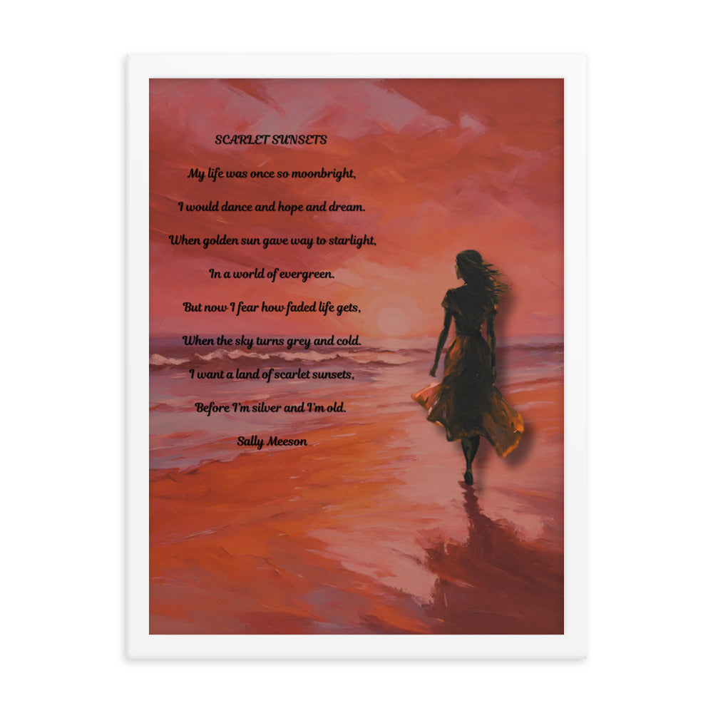 'Scarlet Sunsets' framed photo paper poster with impressionist oil style artwork and original poem by writer Sally Meeson