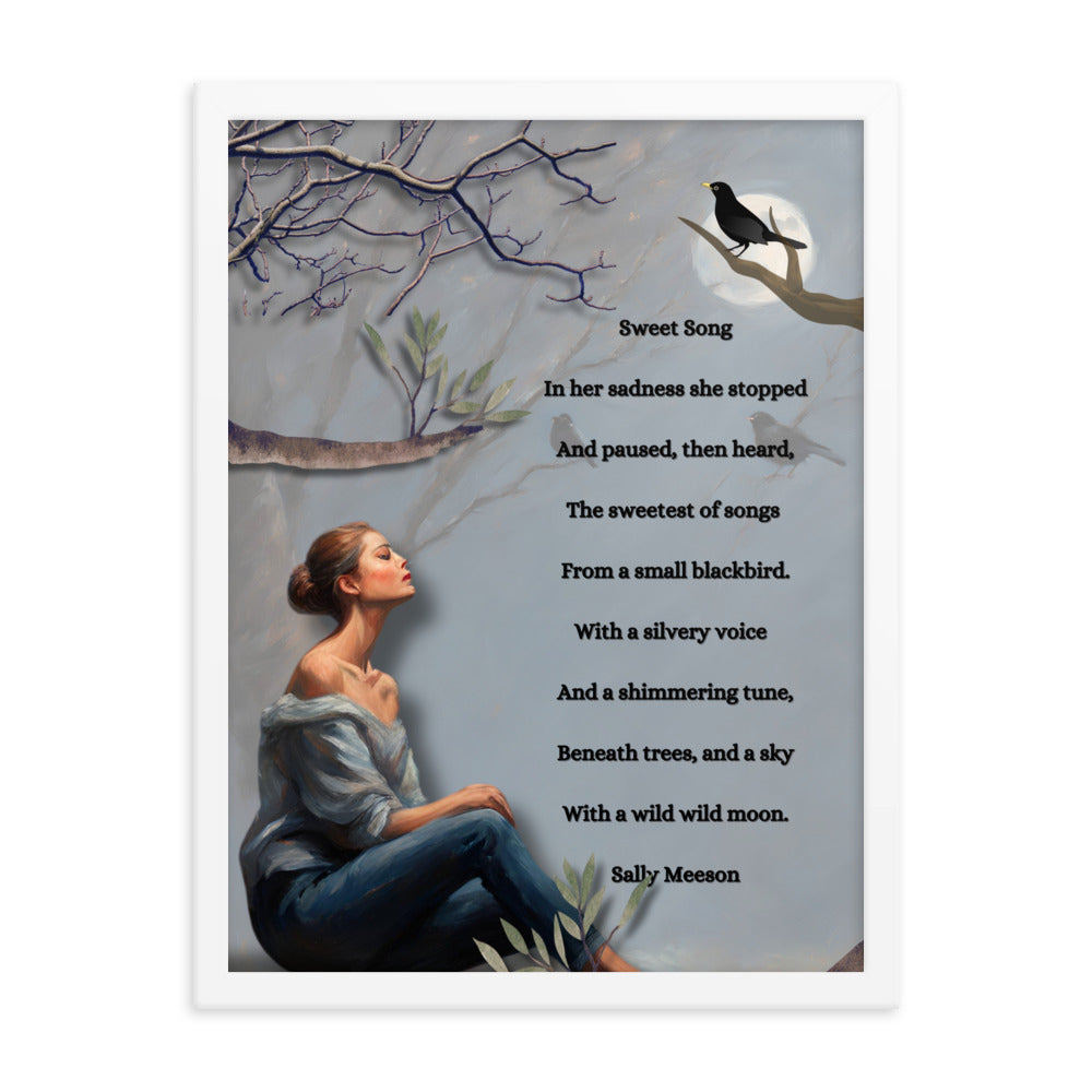 'Sweet Song' framed photo paper poster with impressionist style artwork and original poem by writer Sally Meeson