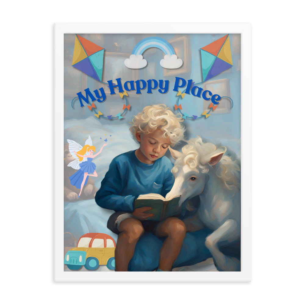 'My Happy Place' child's room blue framed photo paper poster with impressionist oil style artwork