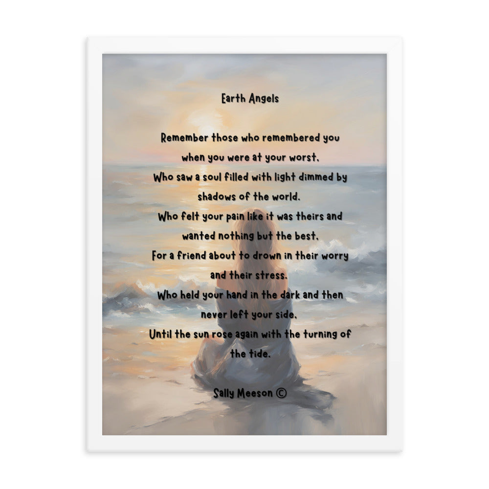 'Earth Angels' framed photo paper poster with impressionist style artwork and original poem by writer Sally Meeson