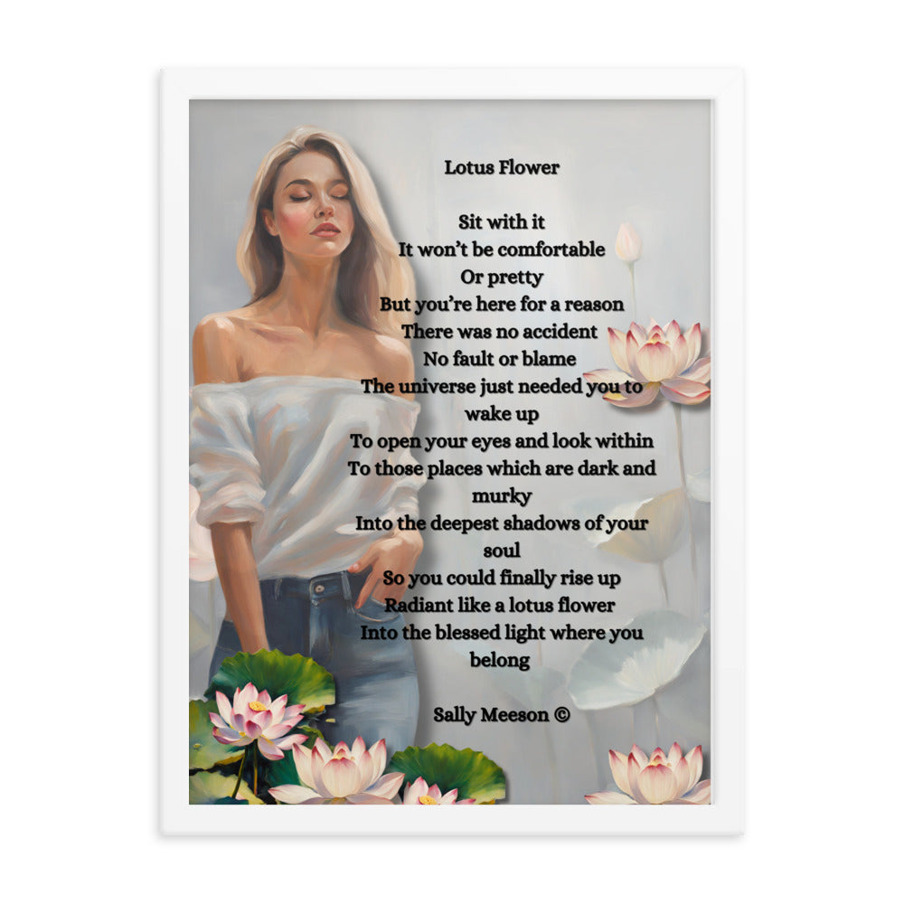 'Lotus Flower' framed photo paper poster with impressionist oil style artwork and original poem by writer Sally Meeson