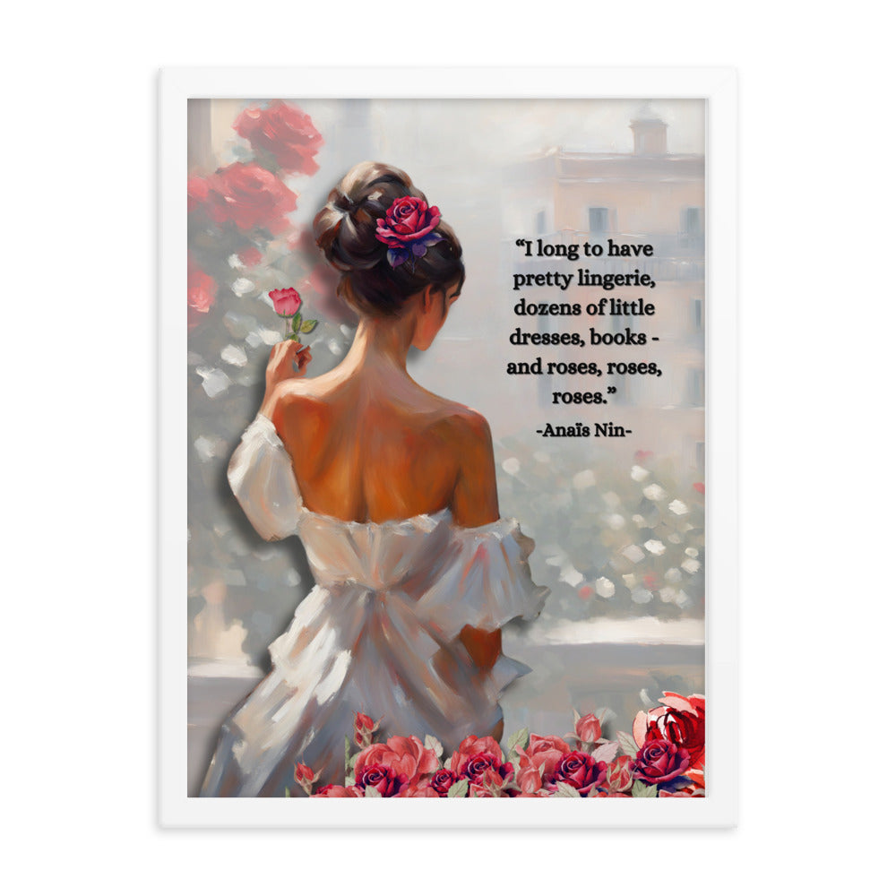 'Roses' framed photo paper poster with impressionist oil style artwork and quote from Anaïs Nin