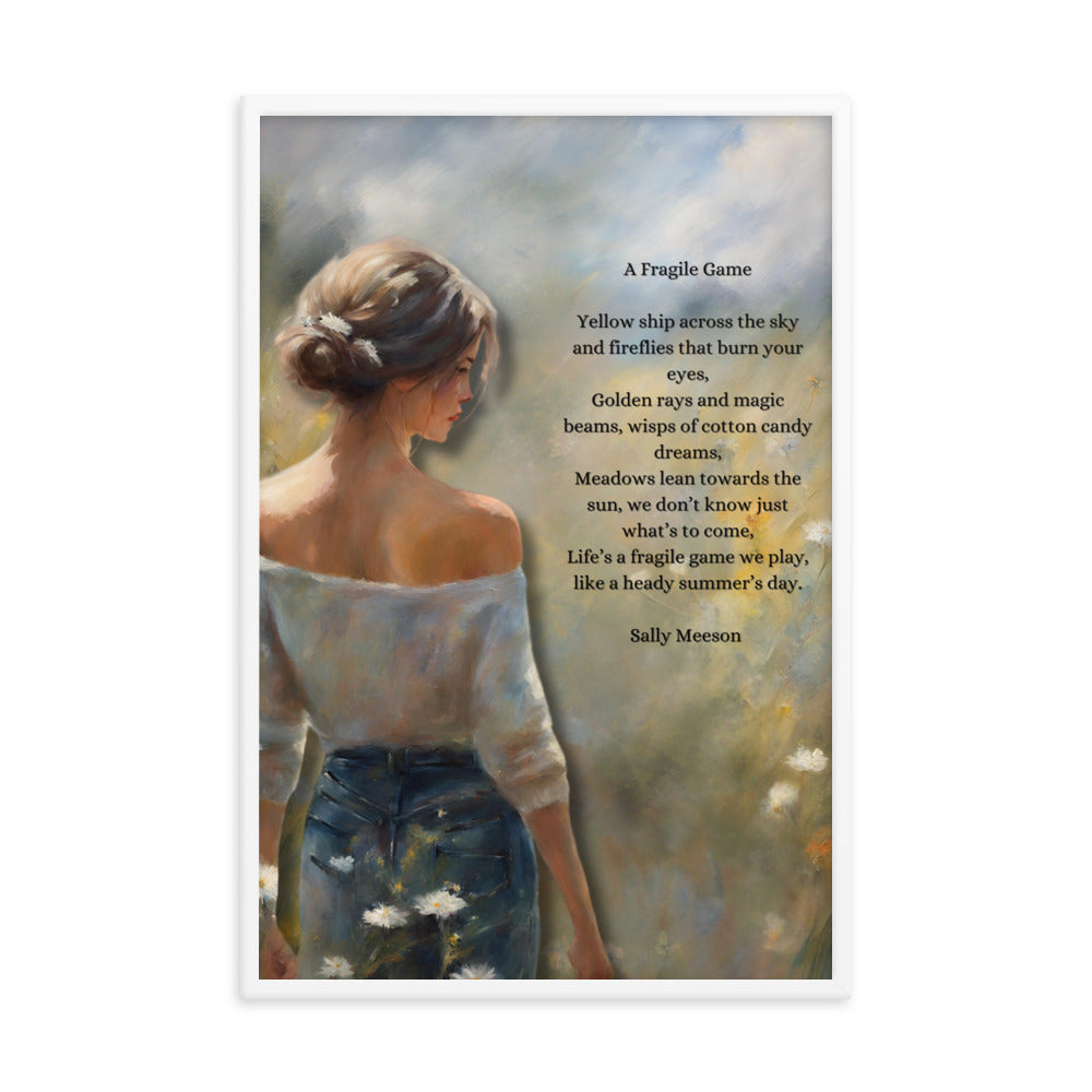 'A Fragile Game' framed photo paper poster with impressionist oil style artwork and original poem by writer Sally Meeson