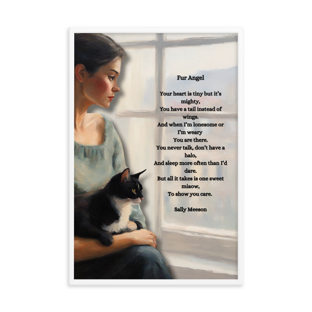 'Fur Angel' framed photo paper poster with impressionist oil style artwork and original poem by writer Sally Meeson