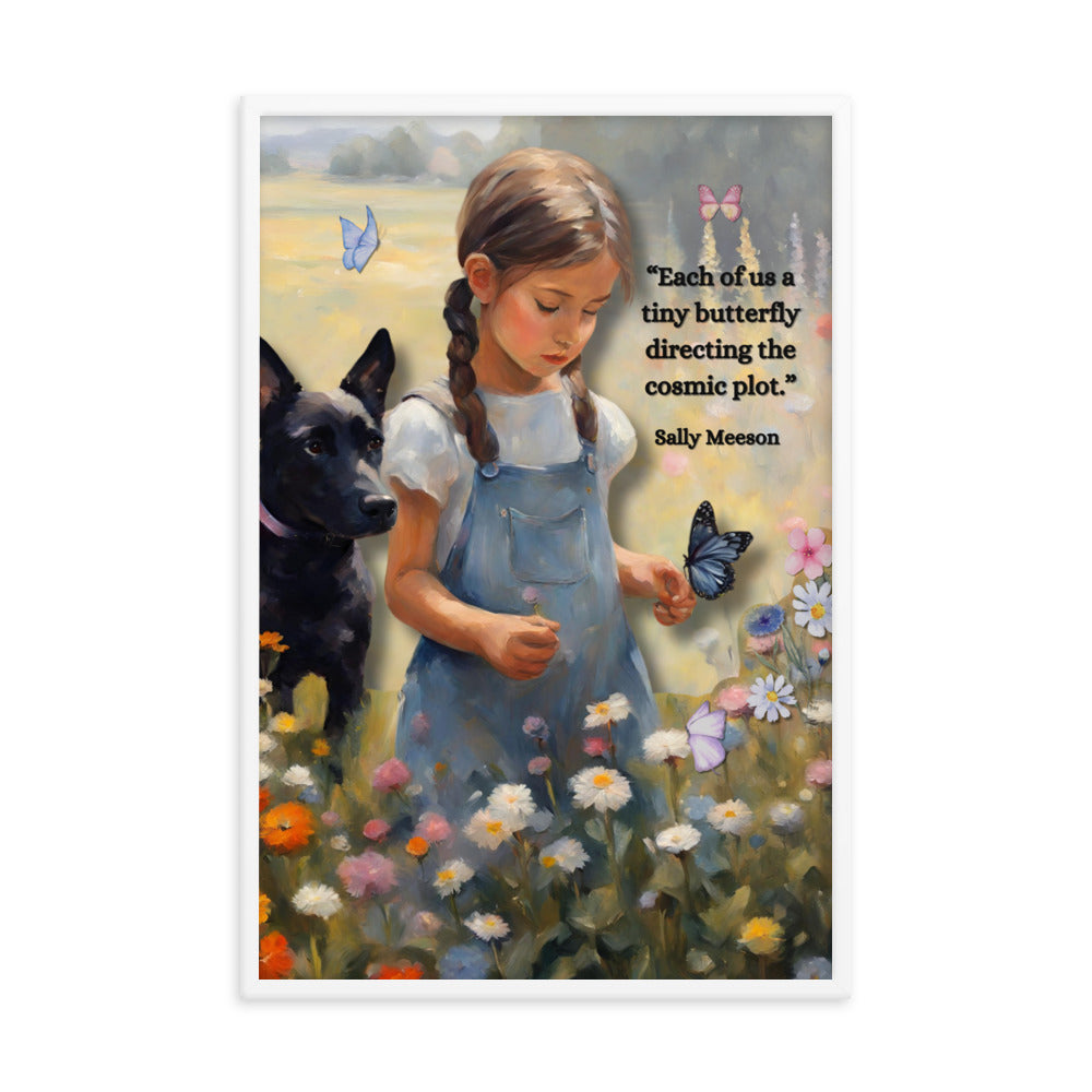 'Tiny Butterfly' framed photo paper poster with impressionist style artwork and original poem by writer Sally Meeson