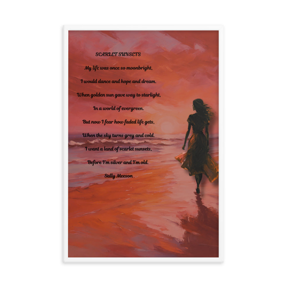 'Scarlet Sunsets' framed photo paper poster with impressionist oil style artwork and original poem by writer Sally Meeson