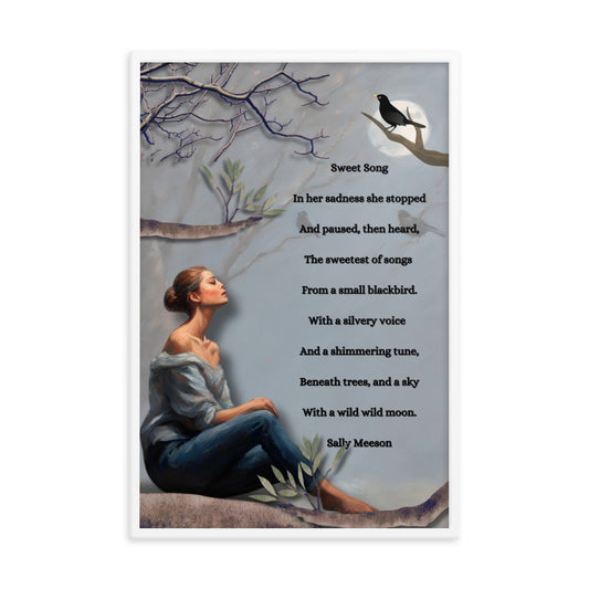 'Sweet Song' framed photo paper poster with impressionist style artwork and original poem by writer Sally Meeson