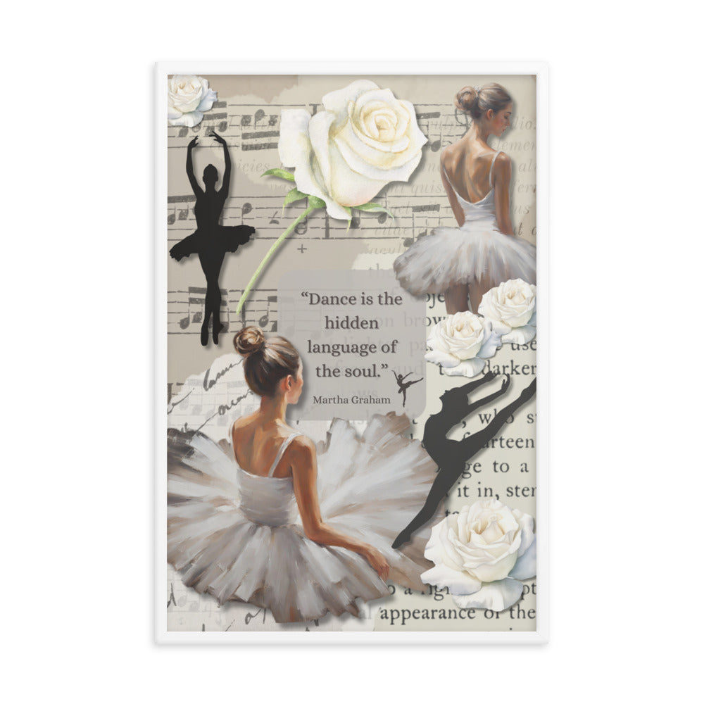 'Dance' framed photo paper poster with impressionist oil style artwork and quote by dancer Martha Graham