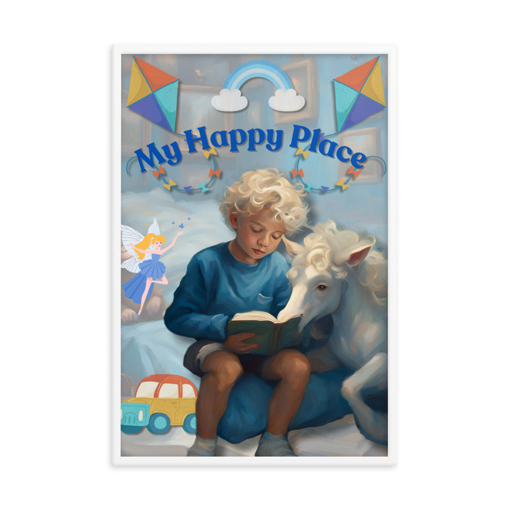 'My Happy Place' child's room blue framed photo paper poster with impressionist oil style artwork