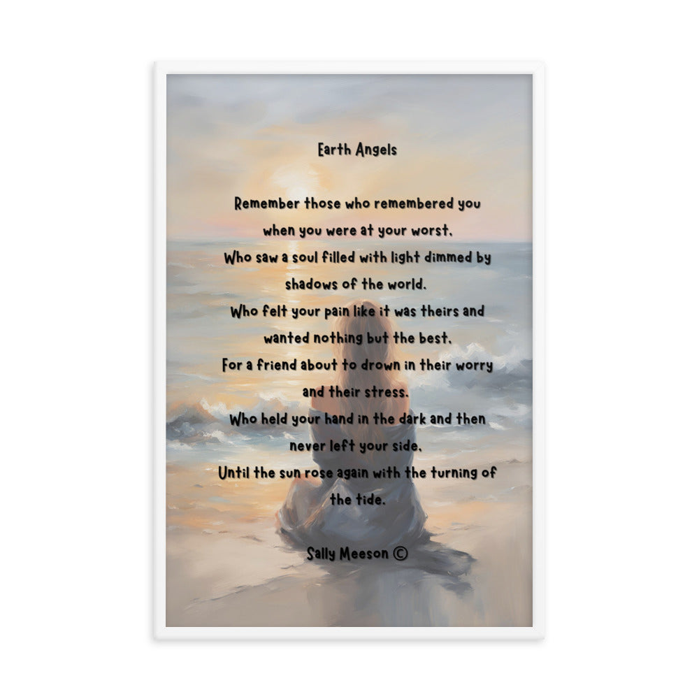 'Earth Angels' framed photo paper poster with impressionist style artwork and original poem by writer Sally Meeson