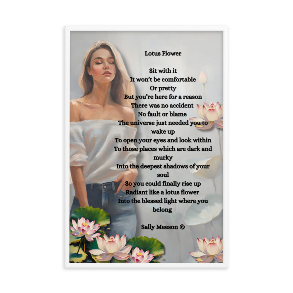 'Lotus Flower' framed photo paper poster with impressionist oil style artwork and original poem by writer Sally Meeson