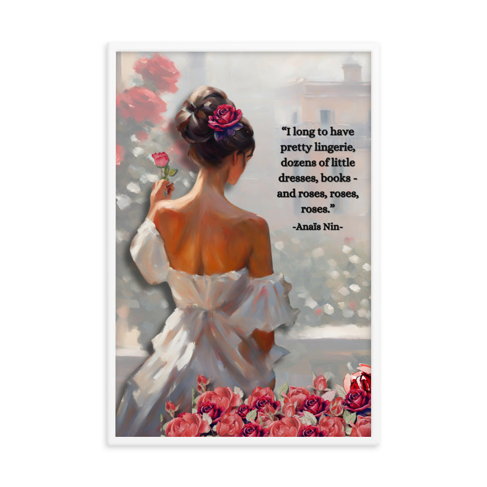 'Roses' framed photo paper poster with impressionist oil style artwork and quote from Anaïs Nin