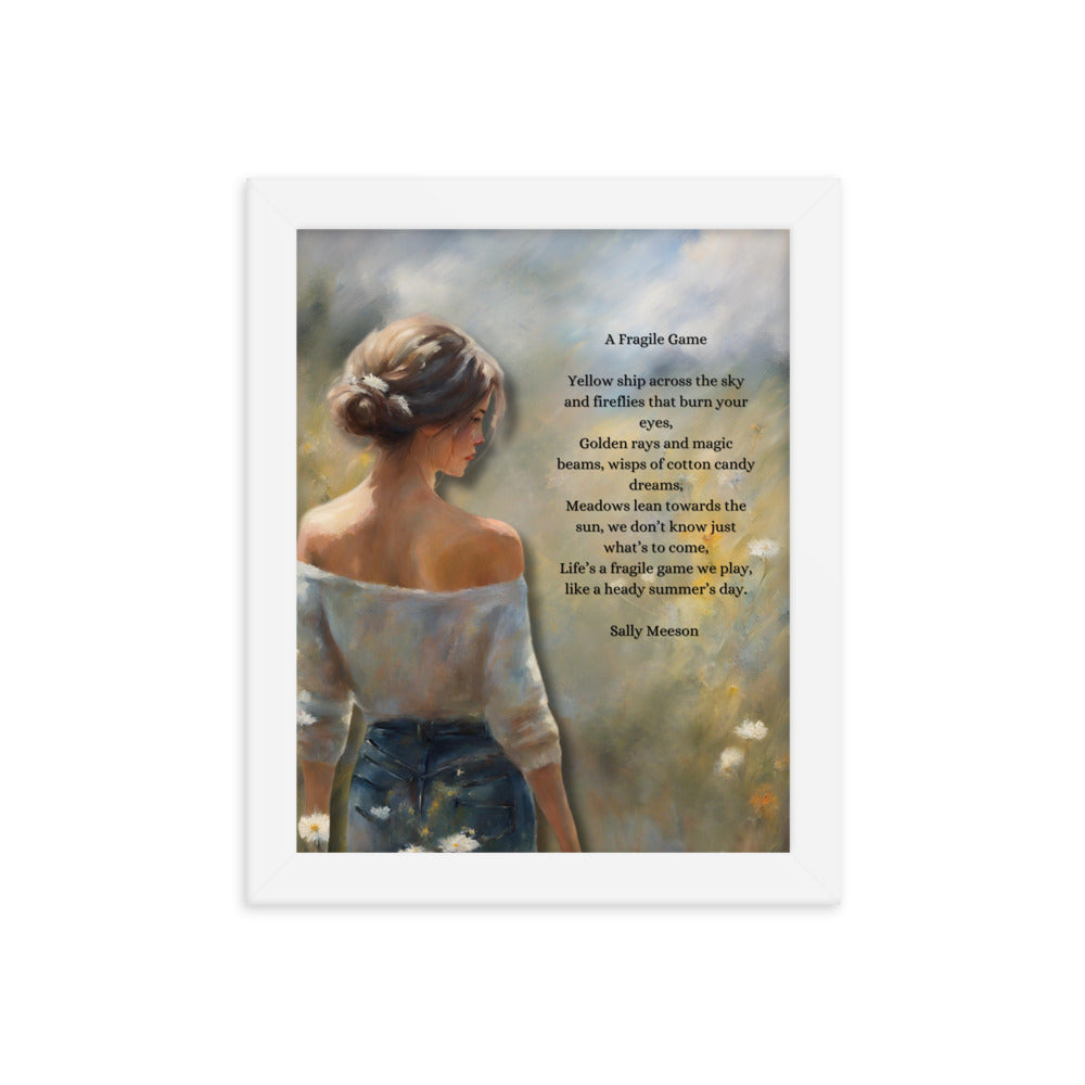 'A Fragile Game' framed photo paper poster with impressionist oil style artwork and original poem by writer Sally Meeson