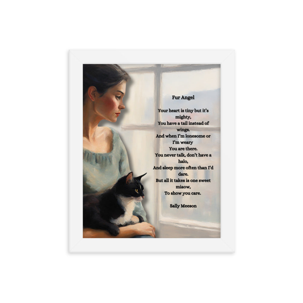 'Fur Angel' framed photo paper poster with impressionist oil style artwork and original poem by writer Sally Meeson