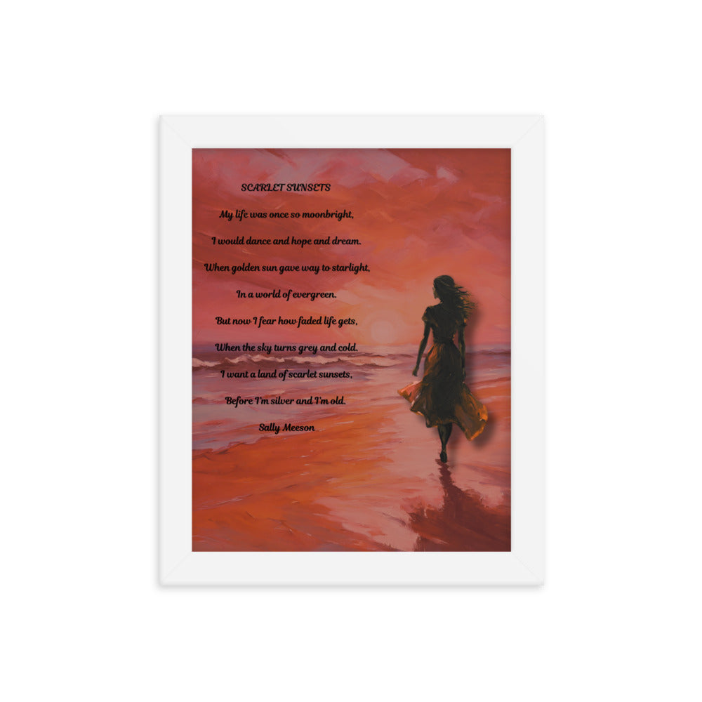 'Scarlet Sunsets' framed photo paper poster with impressionist oil style artwork and original poem by writer Sally Meeson