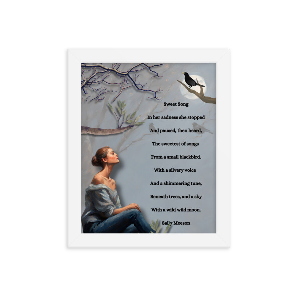 'Sweet Song' framed photo paper poster with impressionist style artwork and original poem by writer Sally Meeson