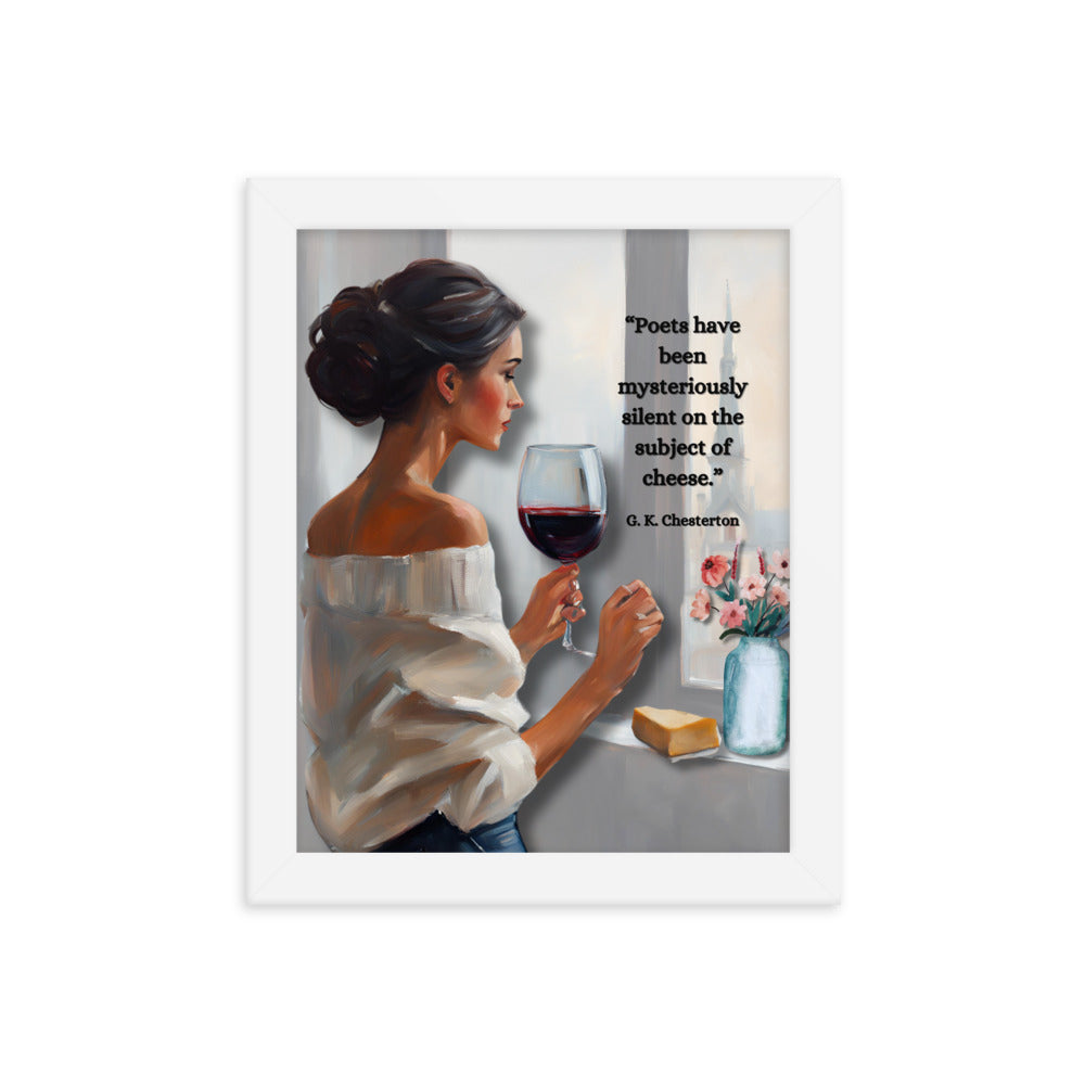 'Cheese' framed photo paper poster with impressionist oil style artwork and quote by G.K. Chesterton