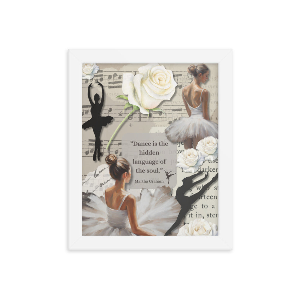 'Dance' framed photo paper poster with impressionist oil style artwork and quote by dancer Martha Graham