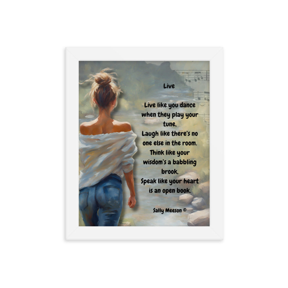 'Live' framed photo paper poster with impressionist oil style artwork and original poem by writer Sally Meeson