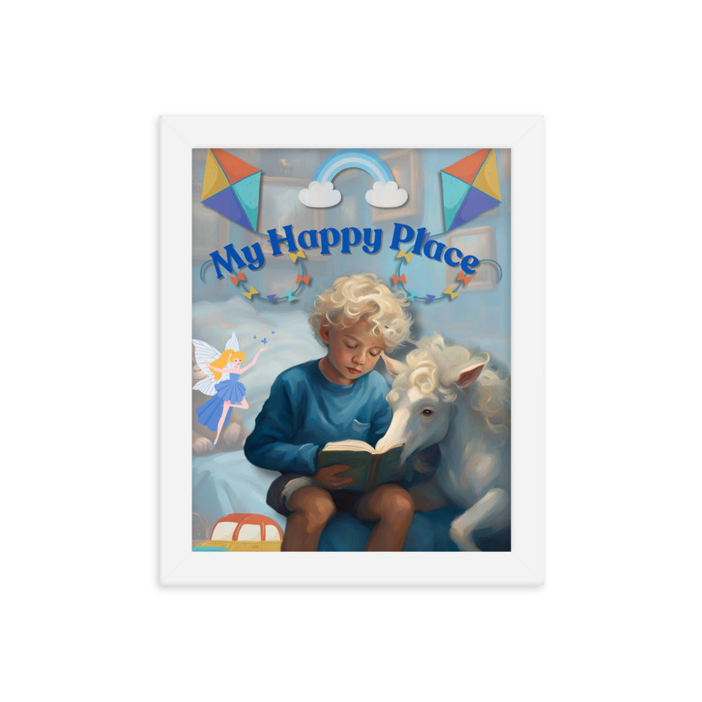 'My Happy Place' child's room blue framed photo paper poster with impressionist oil style artwork