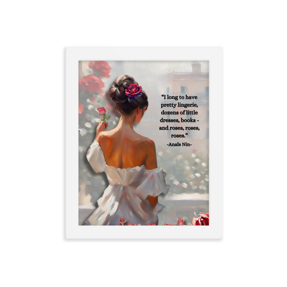 'Roses' framed photo paper poster with impressionist oil style artwork and quote from Anaïs Nin