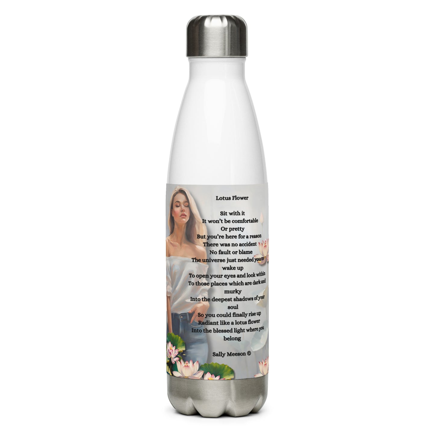 'Lotus Flower' stainless steel water bottle with impressionist oil style artwork and original poem by writer Sally Meeson