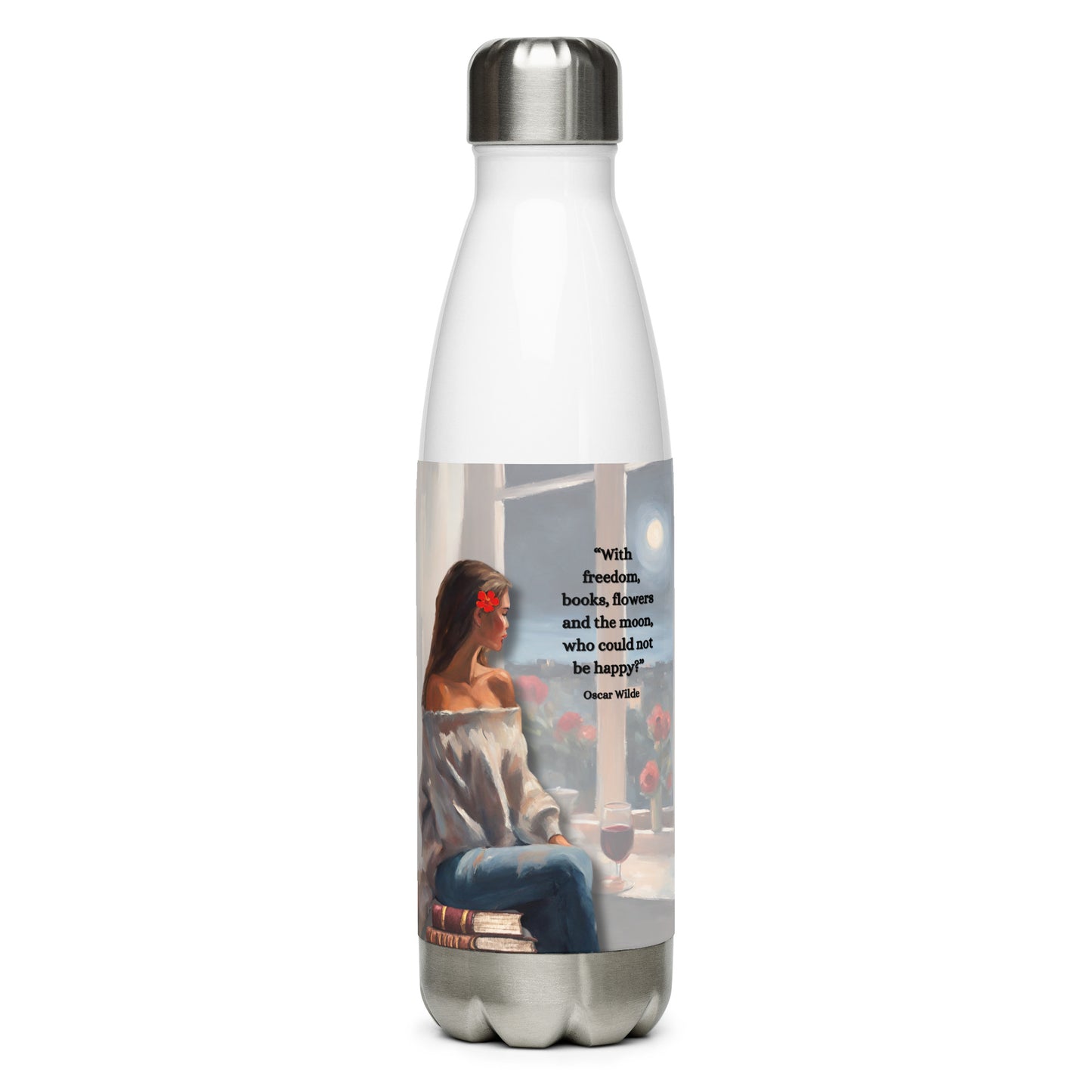 'Freedom, books, flowers and the moon' stainless steel water bottle with impressionist oil style artwork and quote from Oscar Wilde