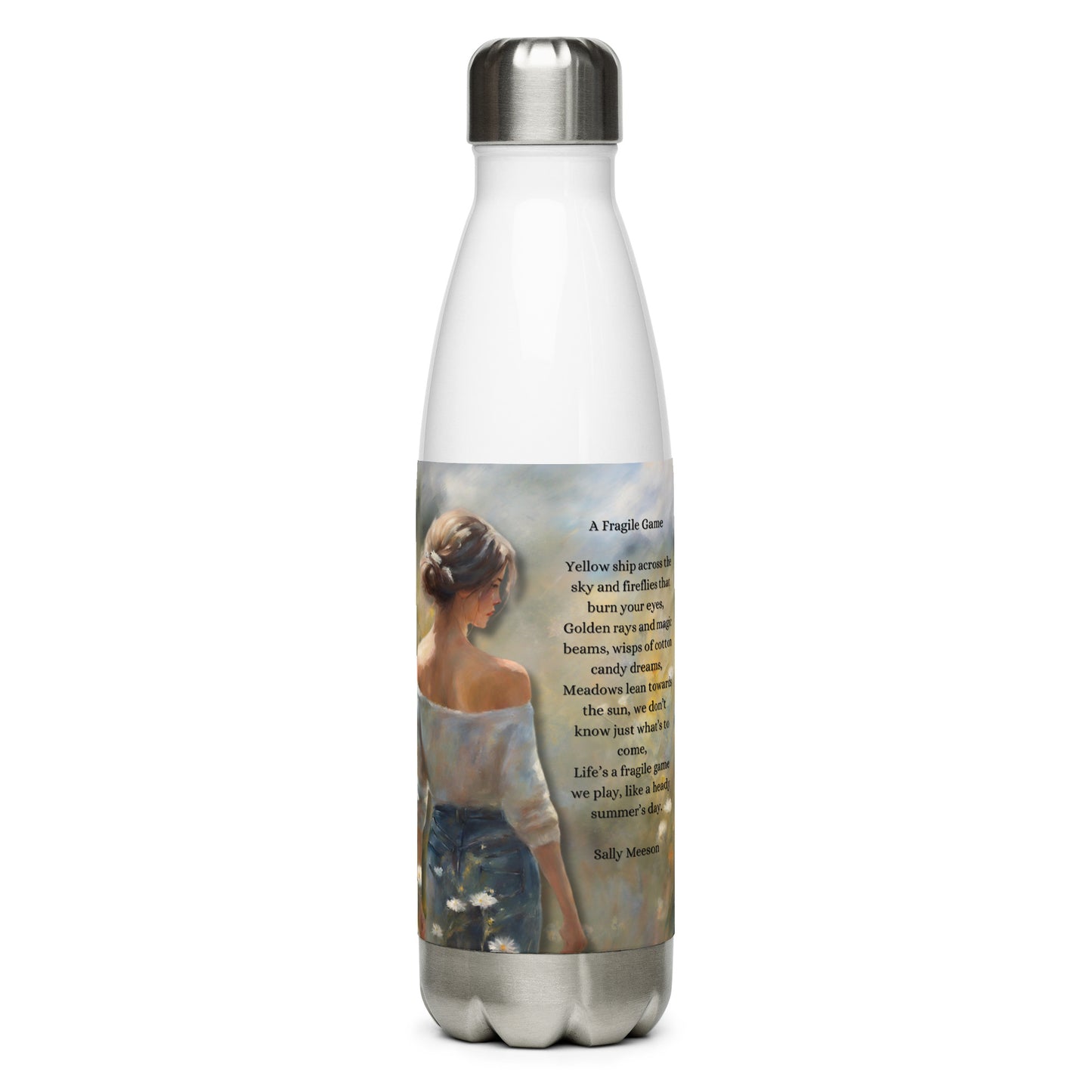 'A Fragile Game' stainless steel water bottle with impressionist style artwork and original poem by writer Sally Meeson