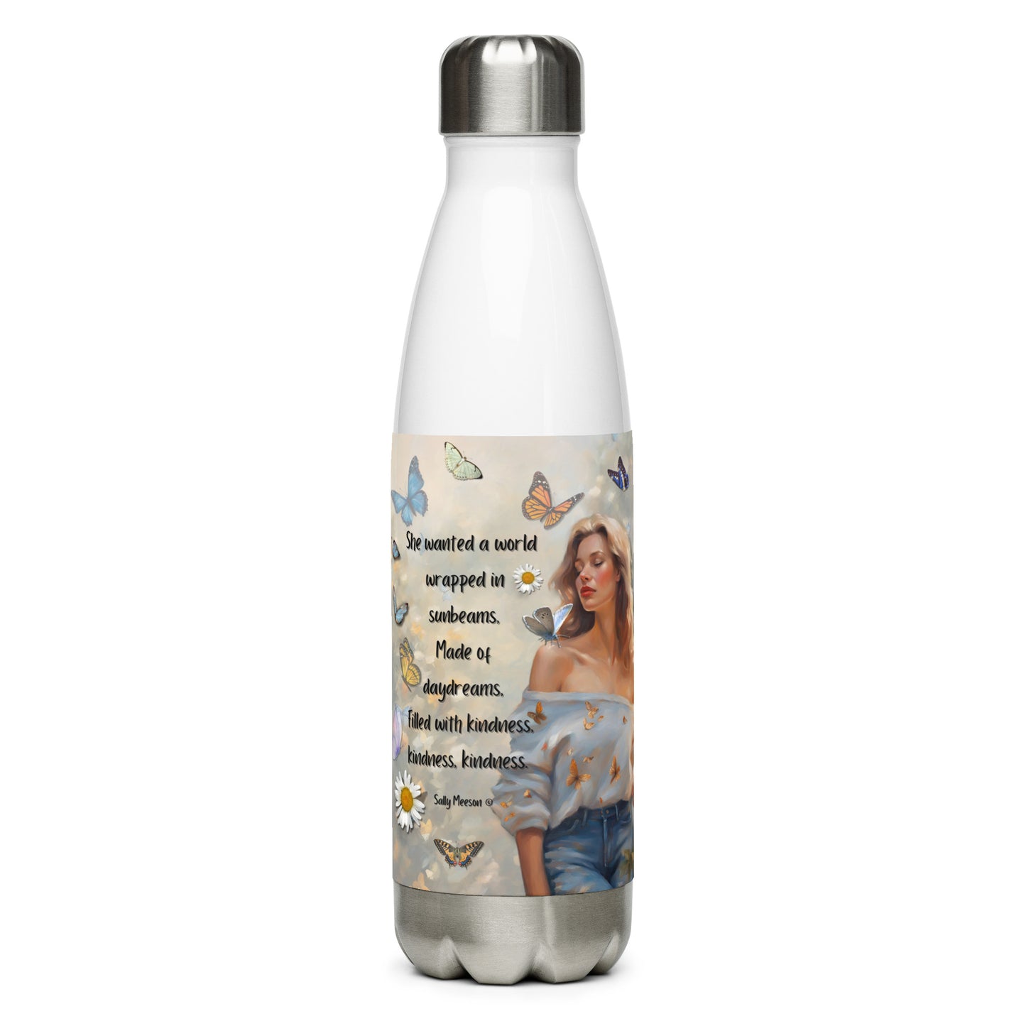 'Kindness' stainless steel water bottle with impressionist style artwork and quote by writer Sally Meeson