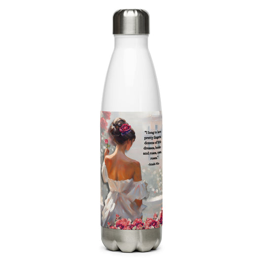 'Roses' stainless steel water bottle with impressionist oil style artwork and quote by diarist Anaïs Nin