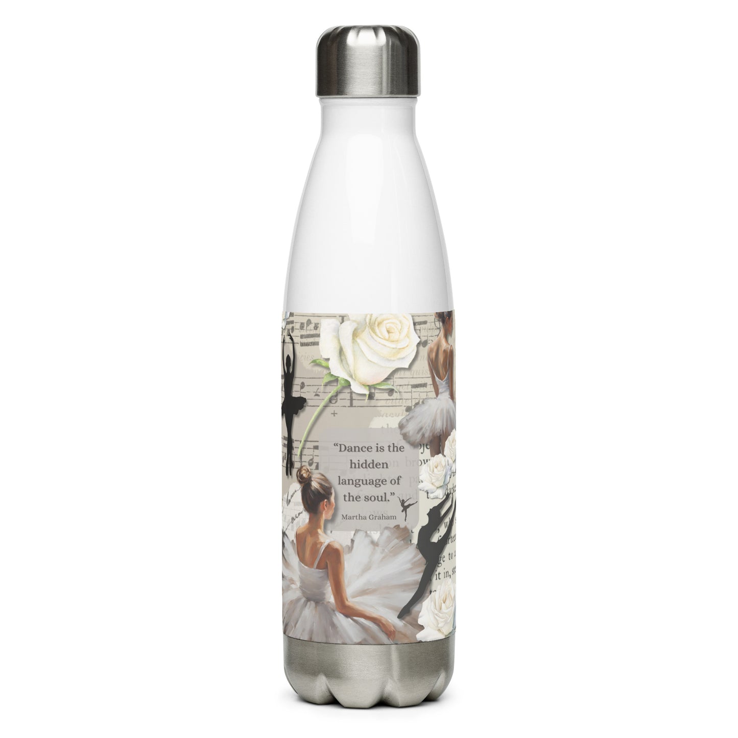 'Dance' stainless steel water bottle with impressionist oil style artwork and quote from dancer Martha Graham