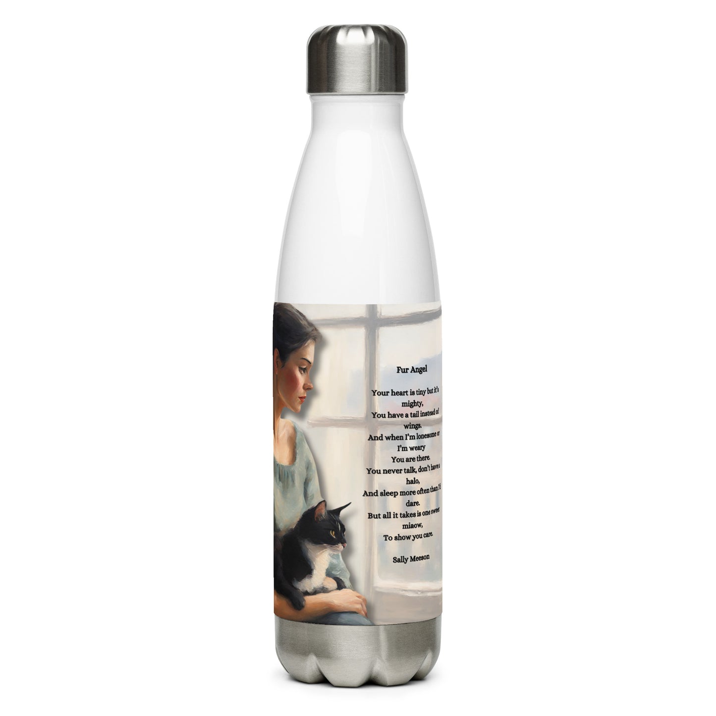 'Fur Angel' stainless steel water bottle with impressionist oil style artwork and original poem by writer Sally Meeson