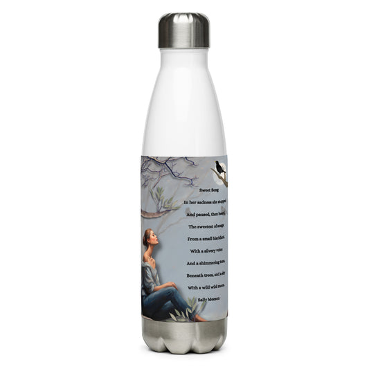 'Sweet Song' stainless steel water bottle with impressionist oil style artwork and original poem by writer Sally Meeson