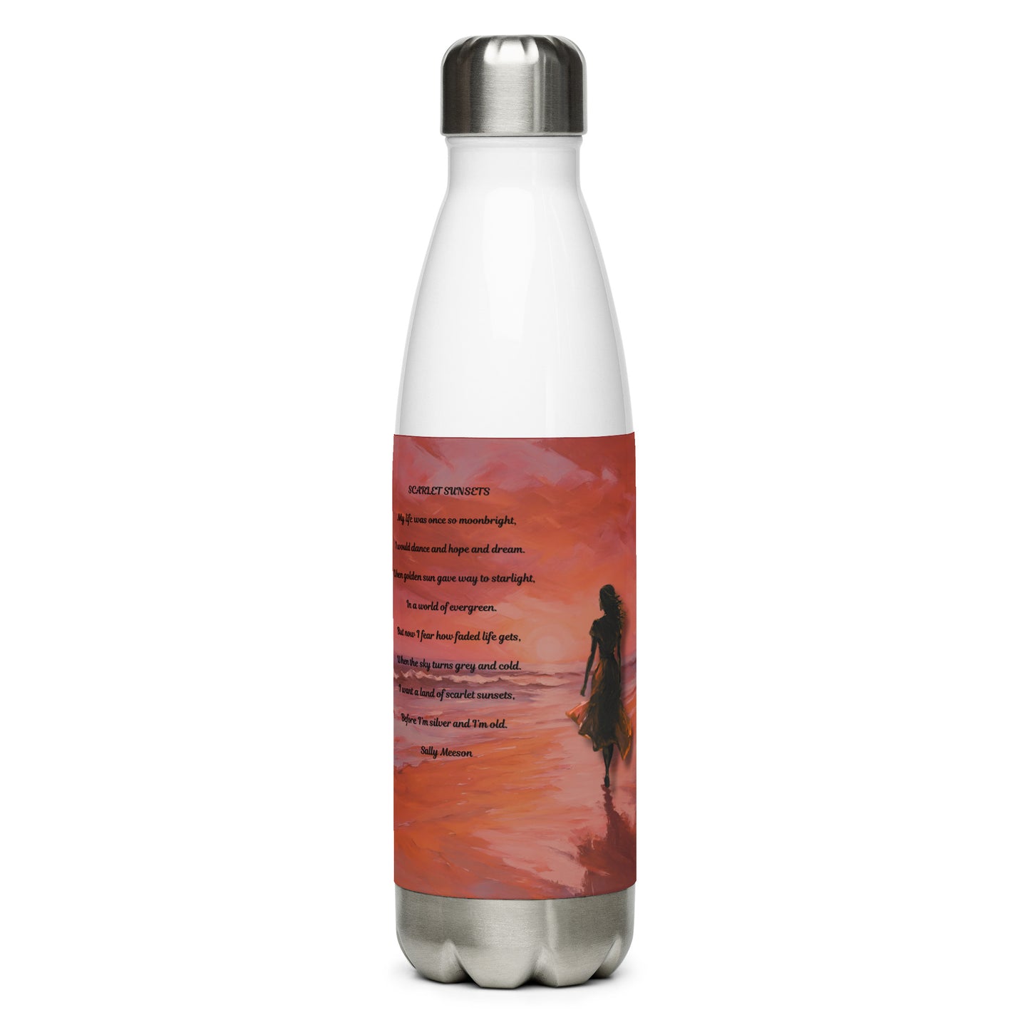 'Scarlet Sunsets' stainless steel water bottle with impressionist oil style artwork and original poem by writer Sally Meeson