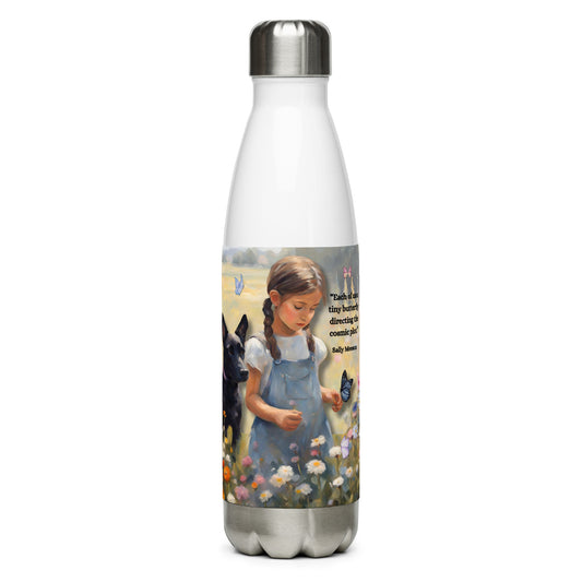 'Tiny Butterfly' stainless steel water bottle with impressionist oil style artwork and original quote by writer Sally Meeson