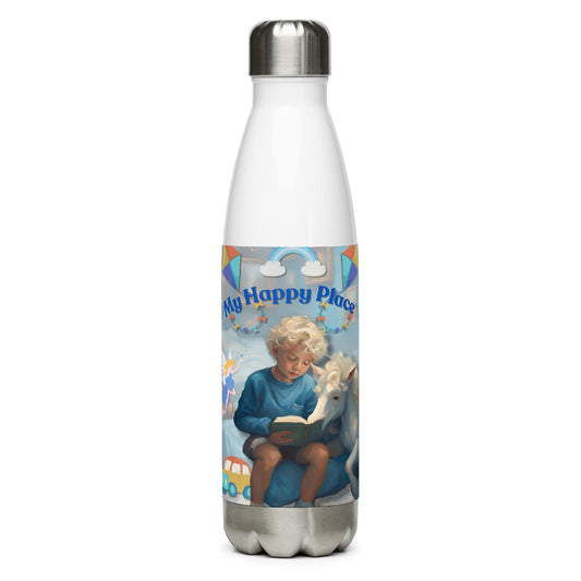 'My Happy Place' child's blue stainless steel water bottle with impressionist oil style artwork