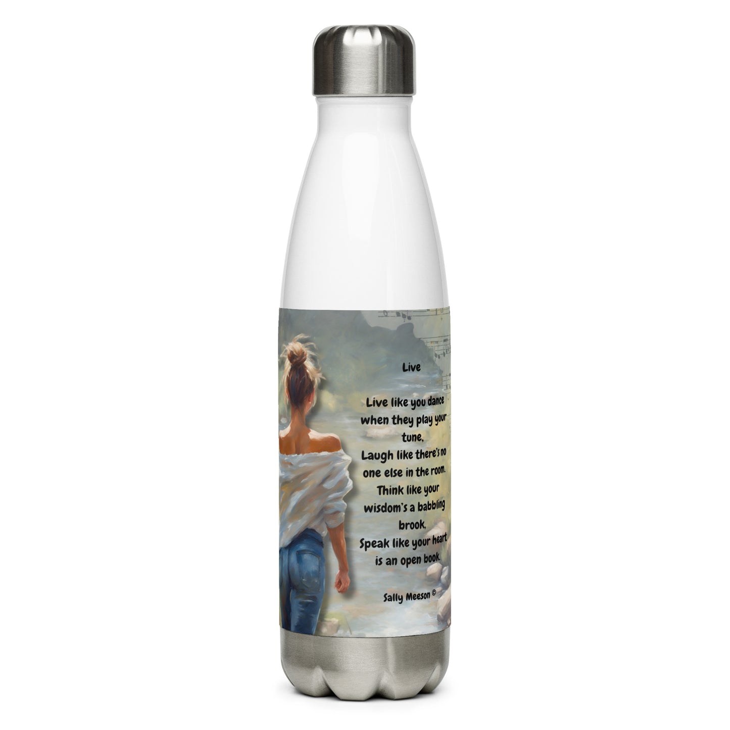 'Live' stainless steel water bottle with impressionist oil style artwork and original poem by writer Sally Meeson