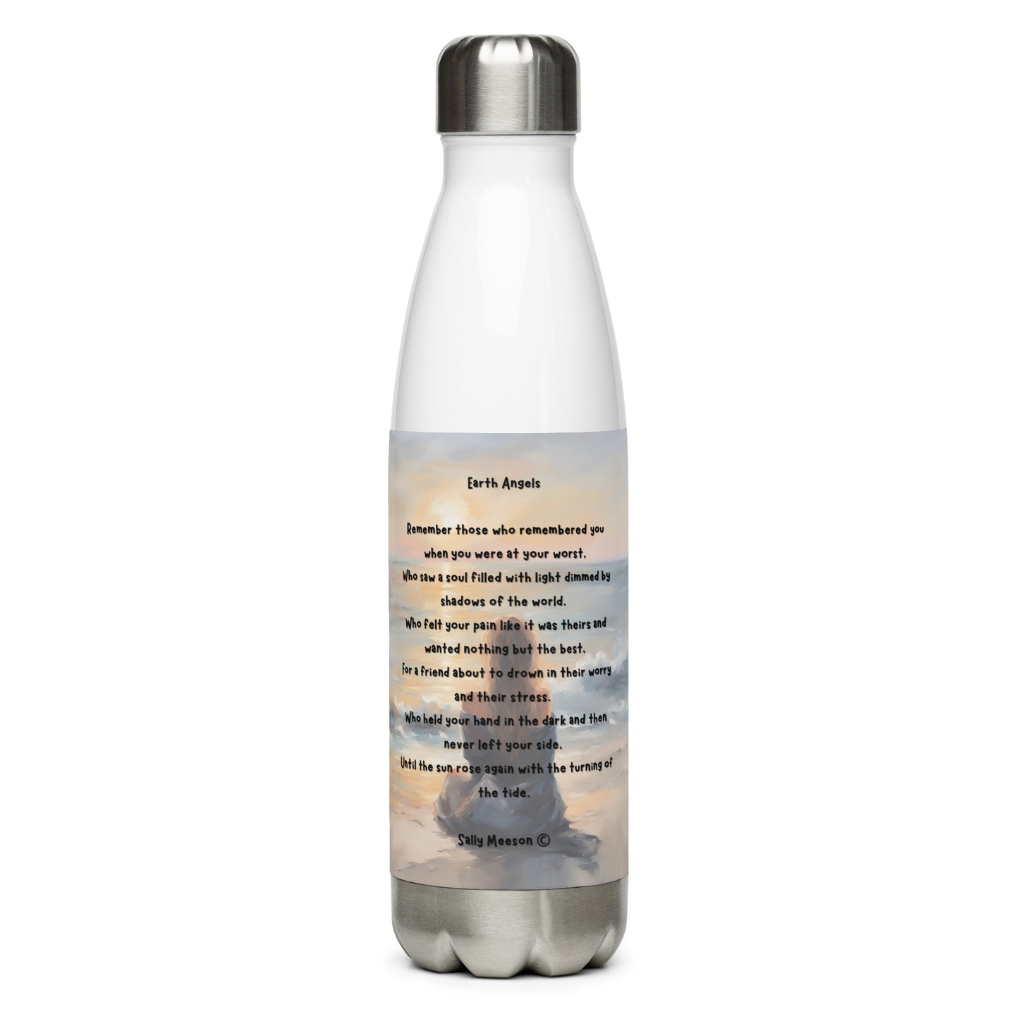 'Earth Angels' stainless steel water bottle with impressionist oil style artwork and original poem by writer Sally Meeson