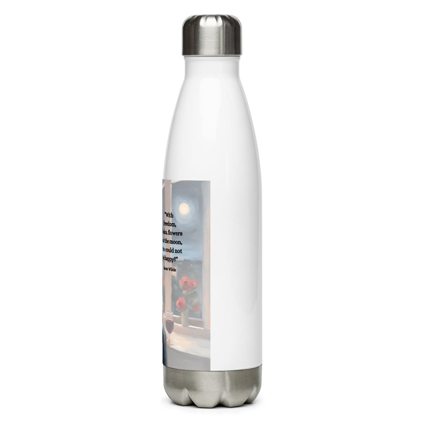 'Freedom, books, flowers and the moon' stainless steel water bottle with impressionist oil style artwork and quote from Oscar Wilde