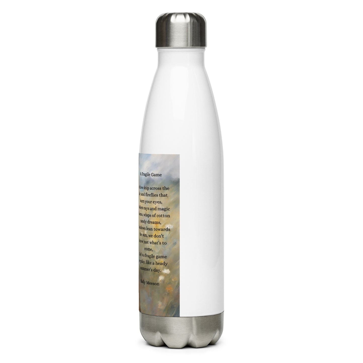 'A Fragile Game' stainless steel water bottle with impressionist style artwork and original poem by writer Sally Meeson