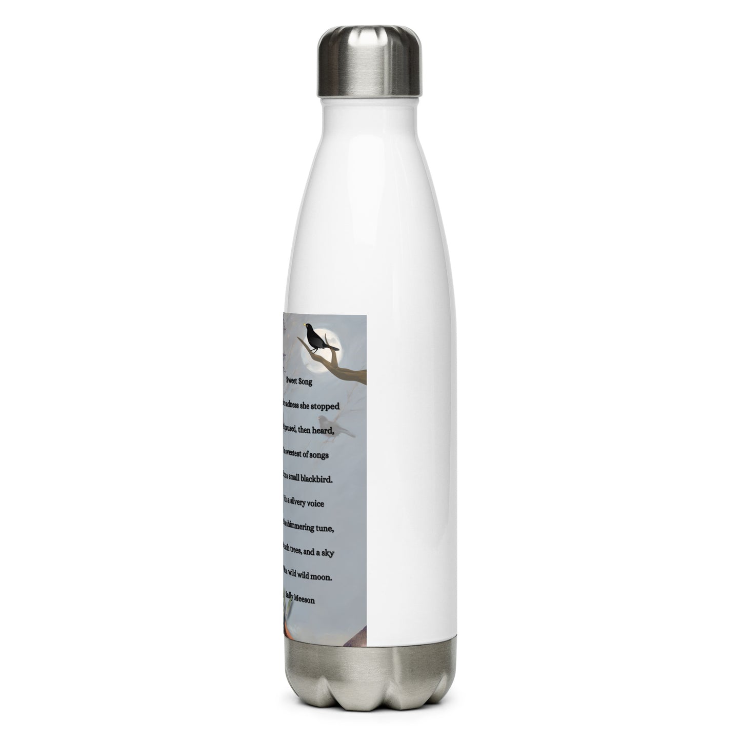 'Sweet Song' stainless steel water bottle with impressionist oil style artwork and original poem by writer Sally Meeson
