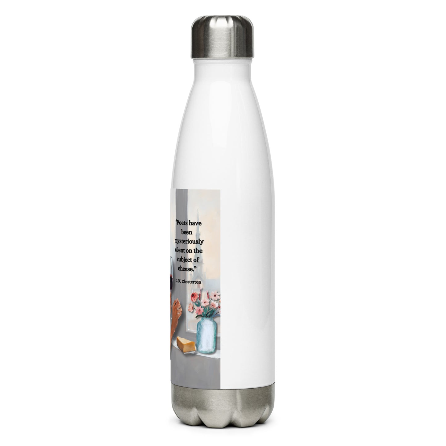 'Cheese' stainless steel water bottle with impressionist oil style artwork and quote from author G.K. Chesterton